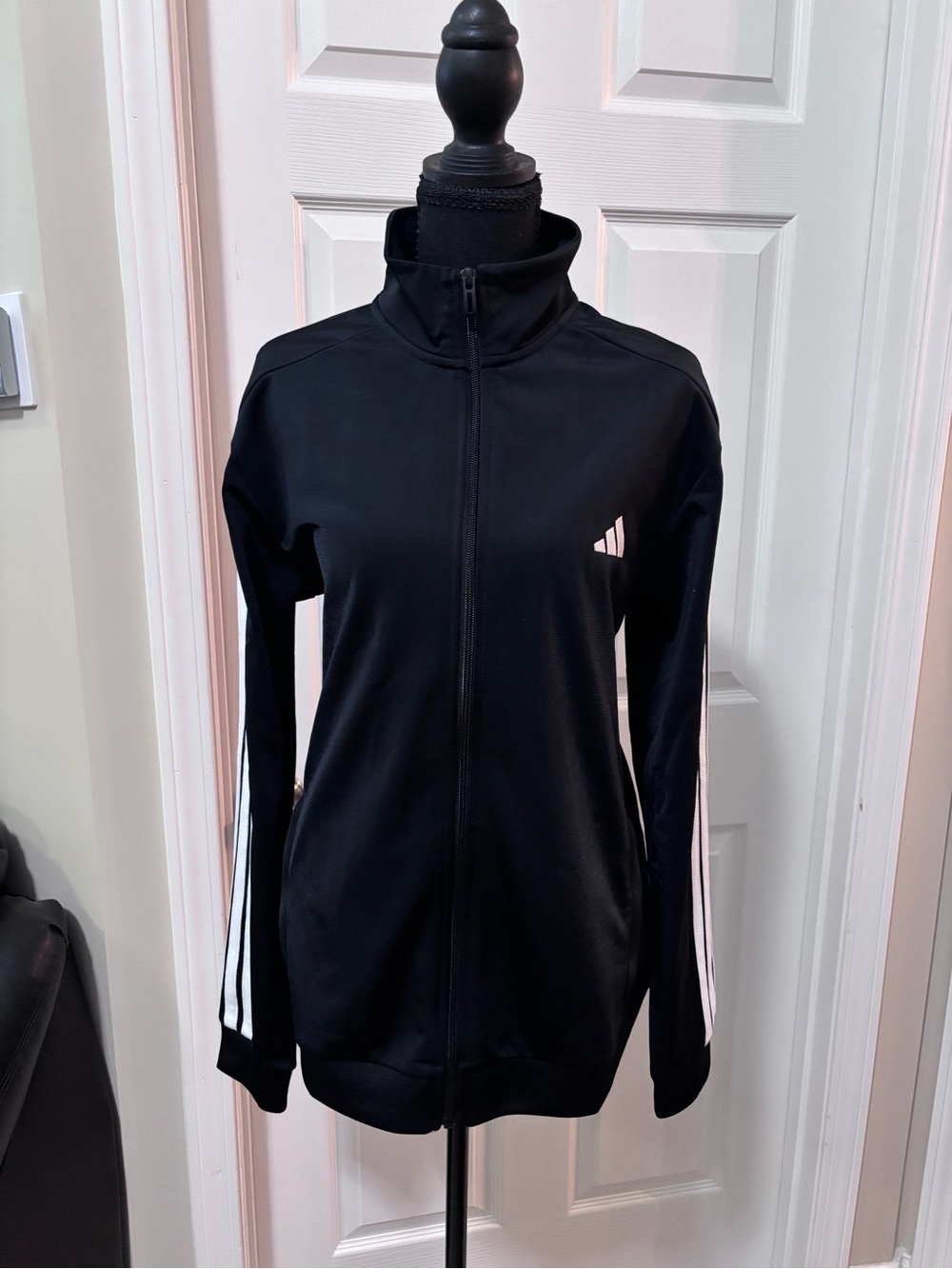 Adidas Women’s Black Track Jacket with White Stripe Details